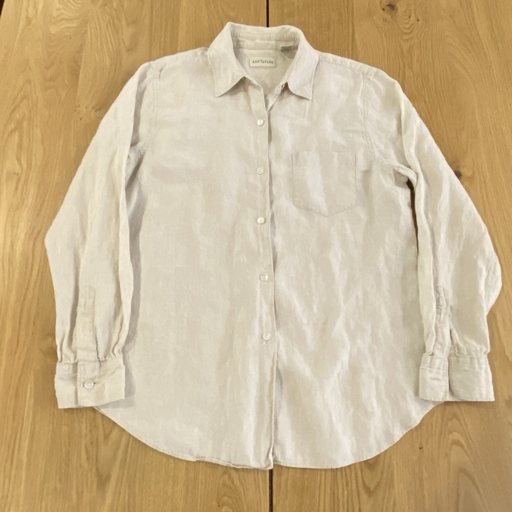 Ann Taylor Shirt Women Size 12 Linen Beige Long Sleeve Coastal Resort*